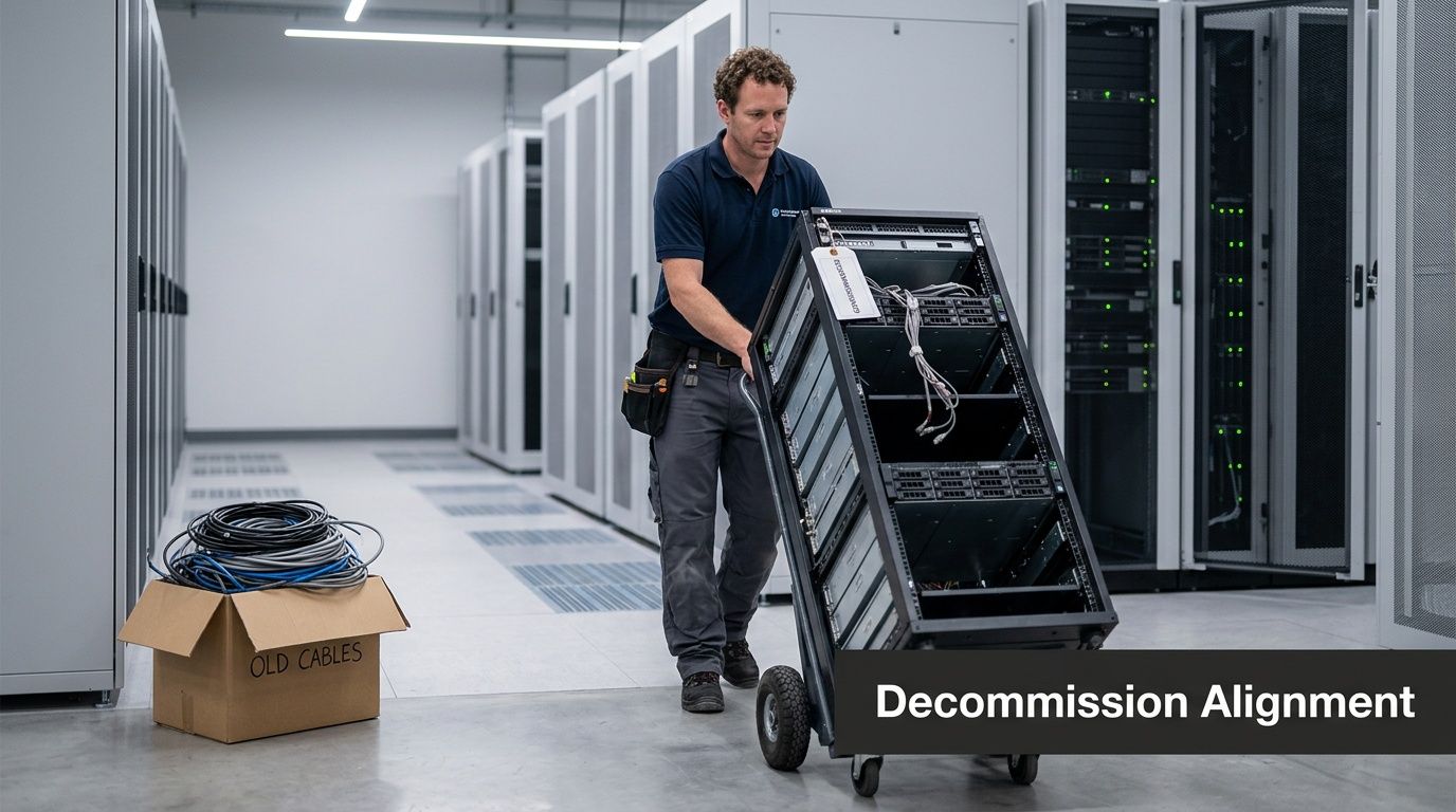A technician moves a server rack on a cart through a modern data center facility.
