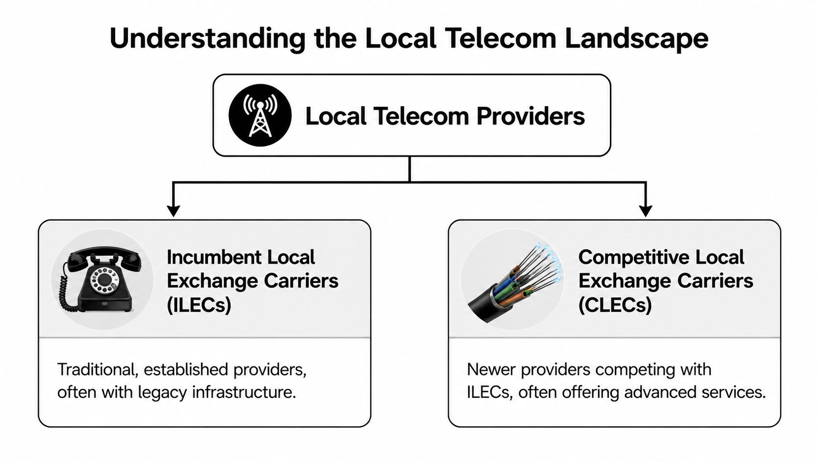 A diagram comparing Incumbent Local Exchange Carriers and Competitive Local Exchange Carriers in the telecommunications industry.