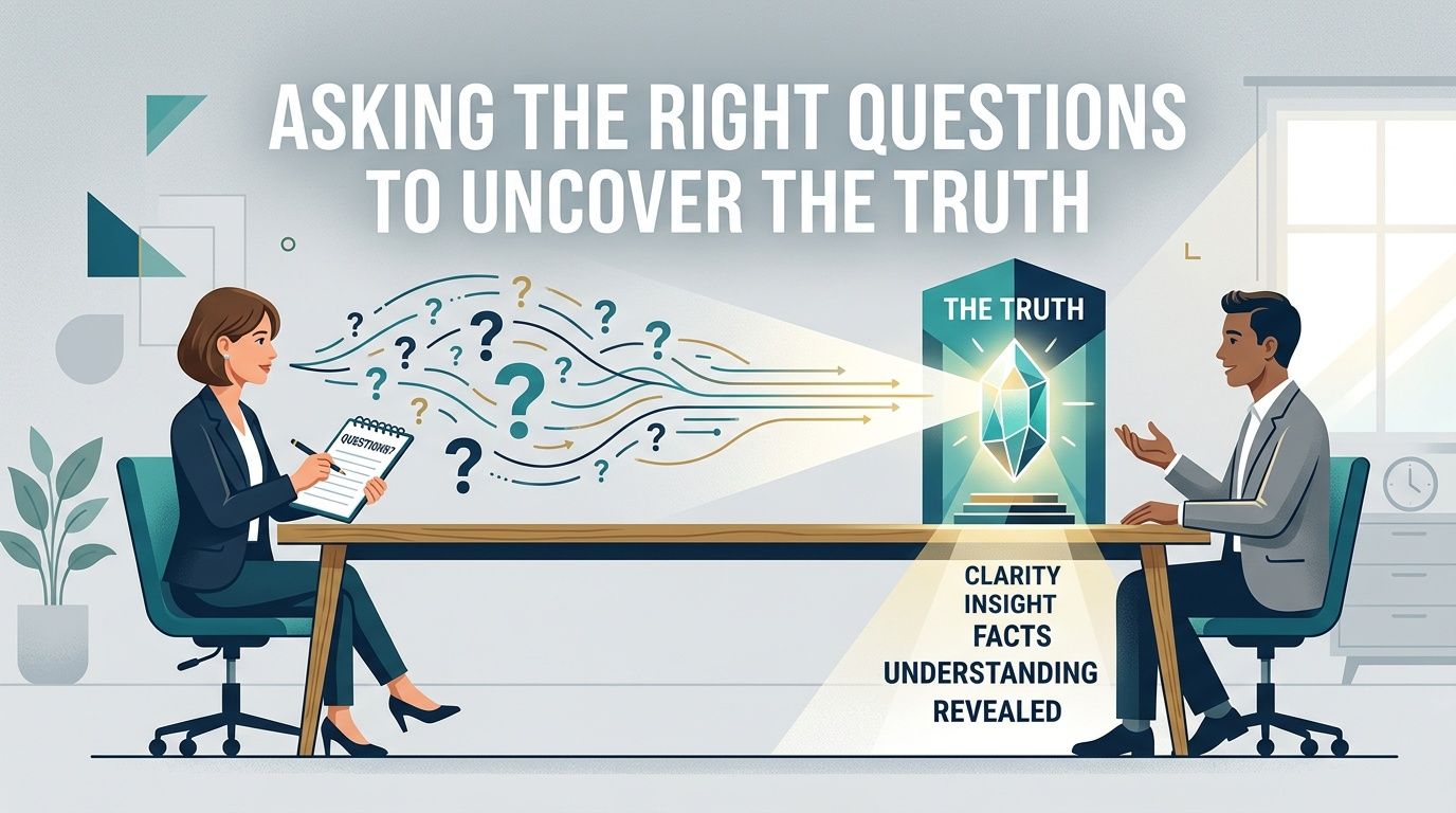 A professional business meeting where a woman asks questions to uncover the truth and gain clarity.