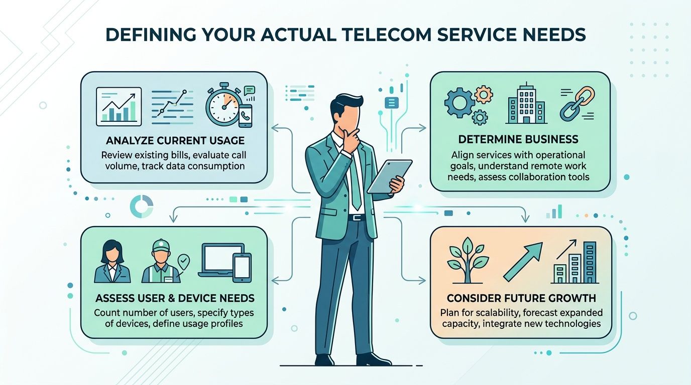 A professional infographic illustrating the key steps to define actual business telecom service requirements and needs.