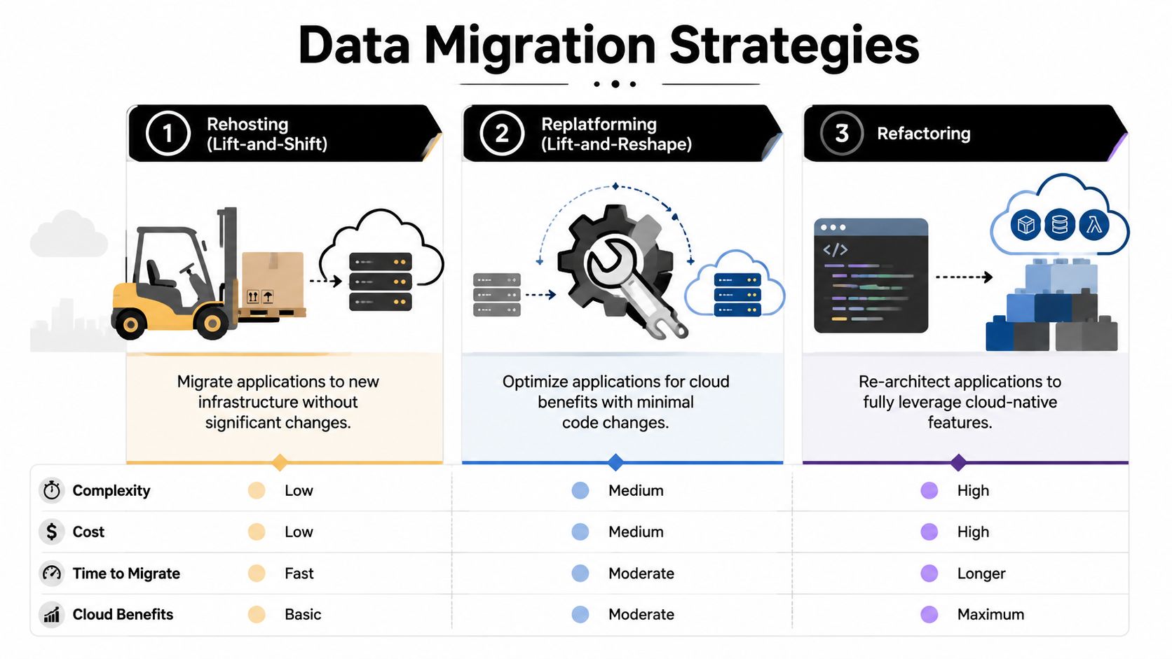 A diagram outlining three data migration strategies: Rehosting, Replatforming, and Refactoring with their respective complexity and benefits.