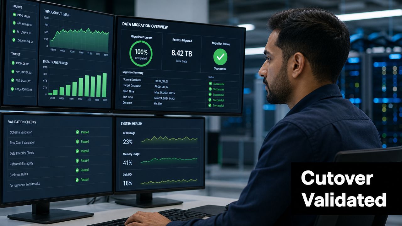 A data engineer monitoring a successful cloud migration process on multiple computer screens in a server room.