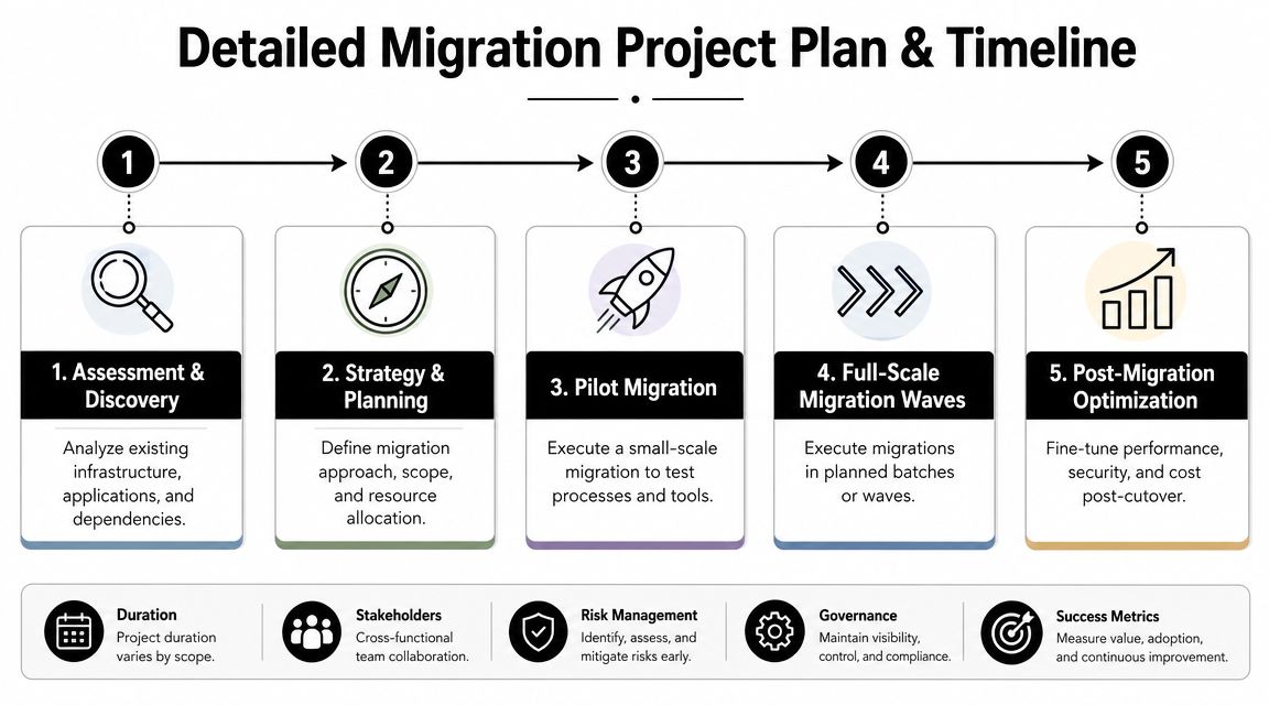 A structured five-step infographic showing the detailed migration project plan and timeline for business systems.