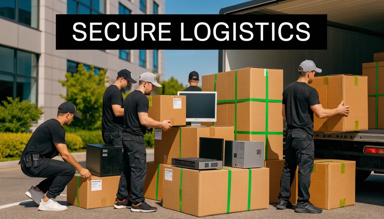 A team of professional movers in black uniforms loading electronics and cardboard boxes into a transport truck.
