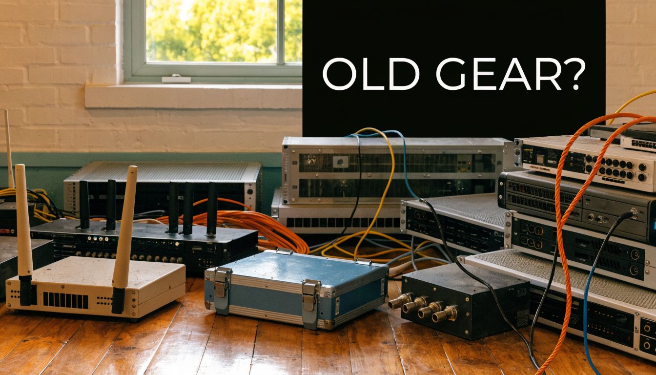 A collection of old telecommunications networking gear and servers spread out on a wooden floor.