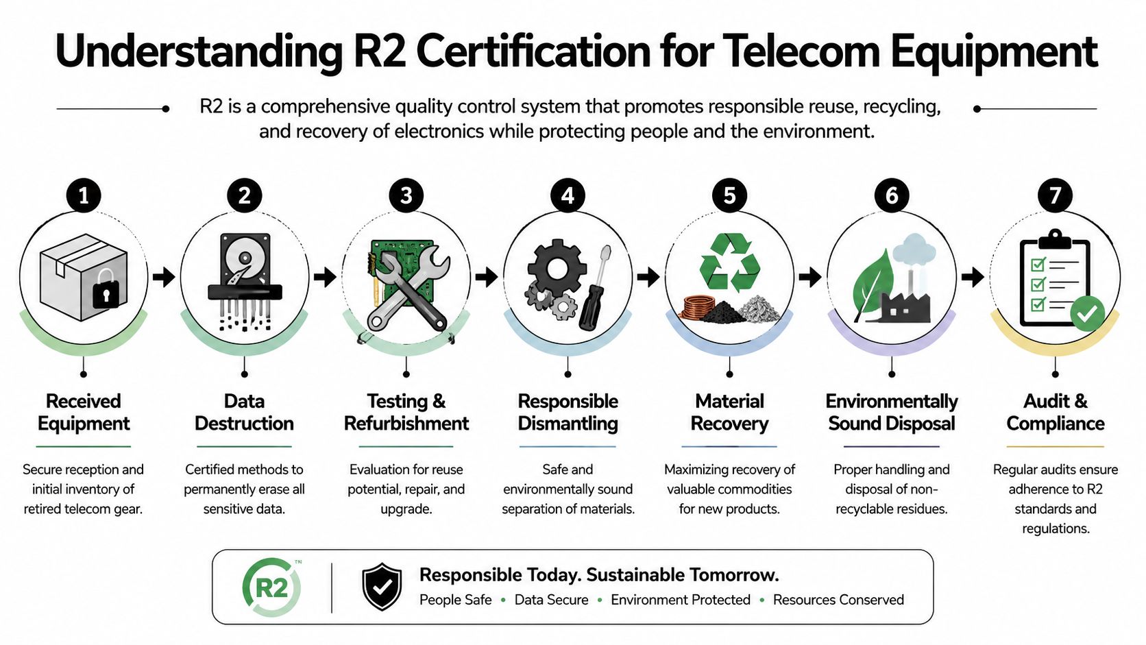 A diagram outlining the seven steps of R2 certification for the responsible recycling of telecom equipment.