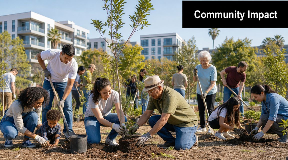 A diverse group of volunteers planting young trees in a community park during a sunny day.
