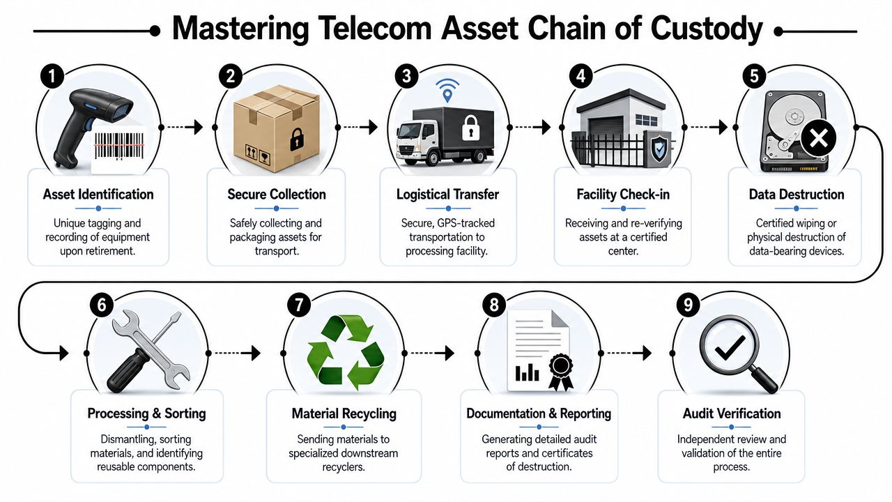 A flowchart showing nine steps of the sustainable telecom asset chain of custody process from identification to audit.