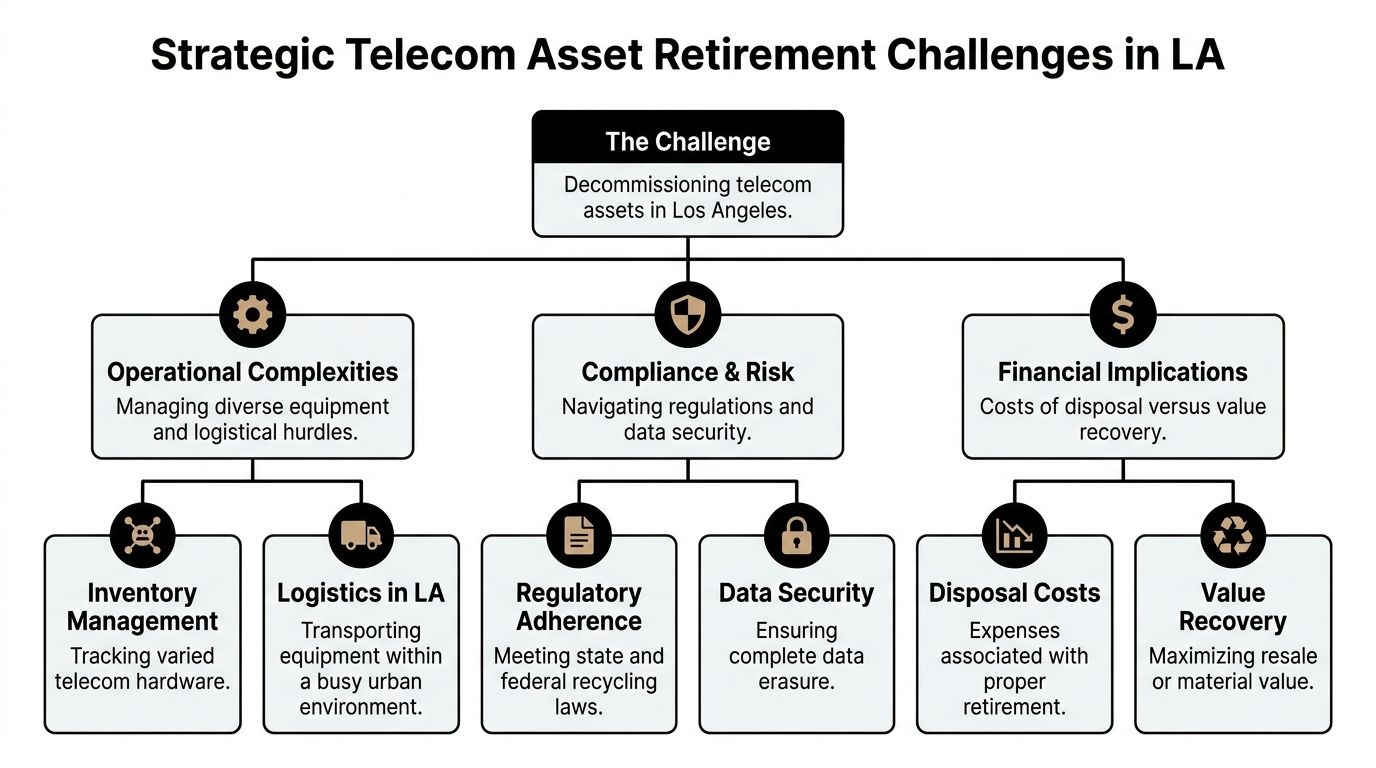 A flowchart detailing the strategic challenges of telecom asset retirement in the Los Angeles urban environment.