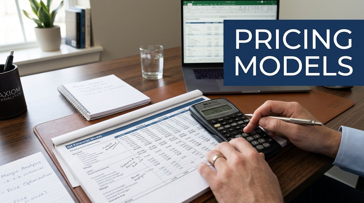 A professional analyzing financial models on a desk with a laptop, calculator, and printed business reports.