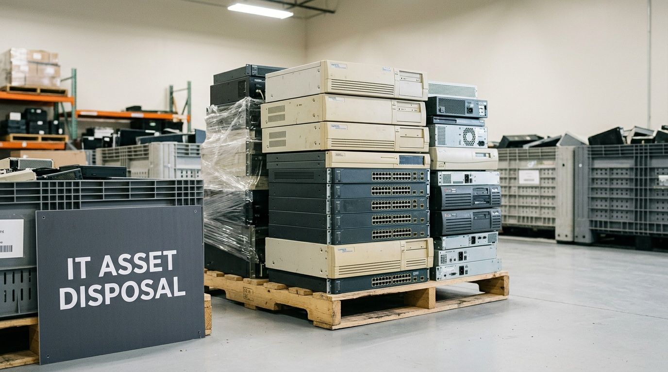 A stack of old computer towers and network switches on a wooden pallet inside a warehouse facility.