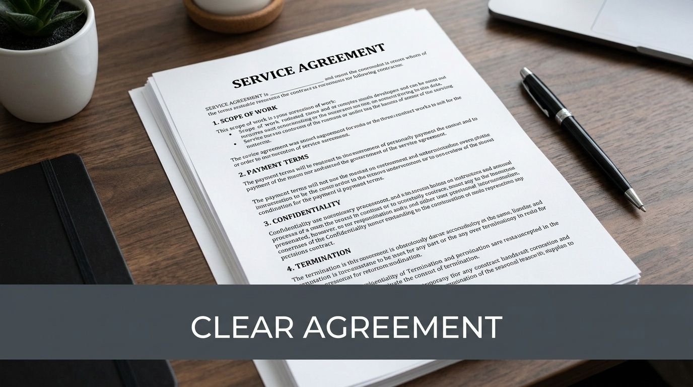 A printed service agreement document rests on a wooden desk alongside a pen and a succulent plant.