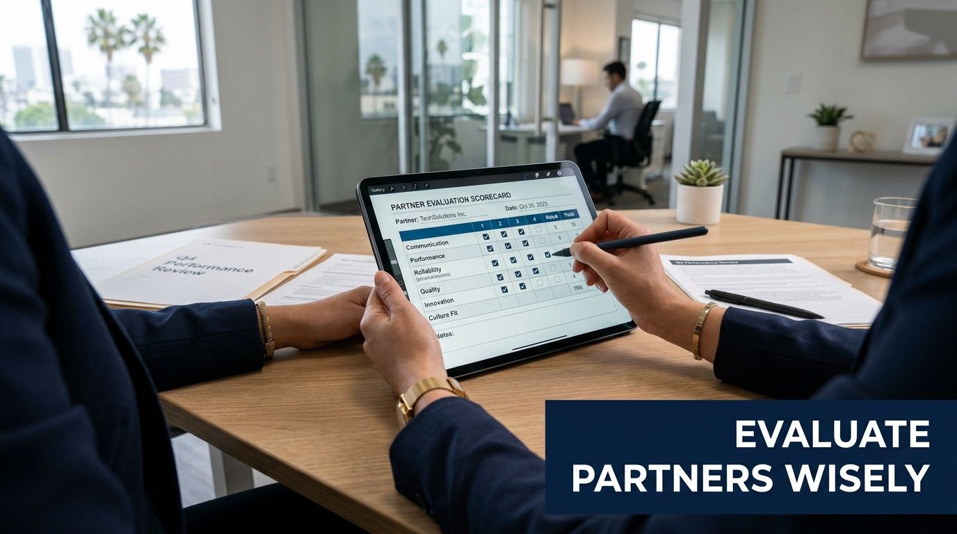 A professional business meeting in an office reviewing a digital partner evaluation scorecard on a tablet device.