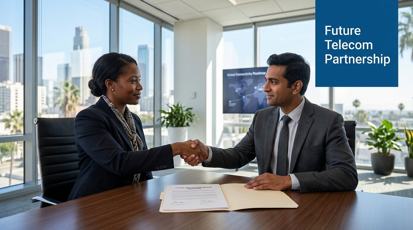 A professional man and woman shaking hands over a business agreement in a modern Los Angeles office.