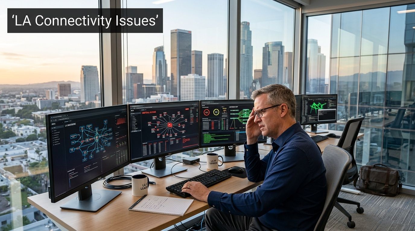 A professional analyzing a digital network map on computer monitors in a Los Angeles office suite.