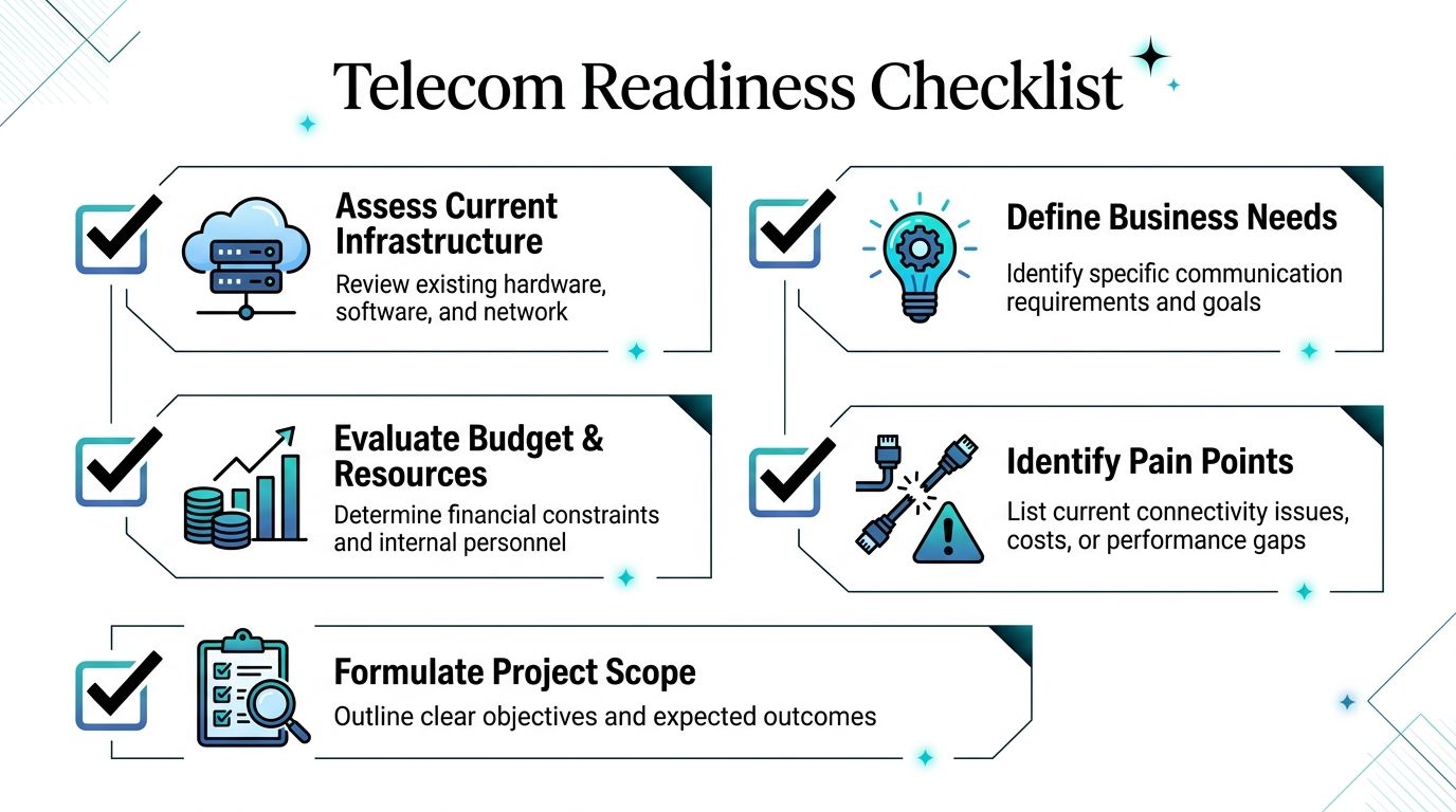 A professional telecom readiness checklist infographic outlining essential steps for assessing infrastructure and planning network projects.