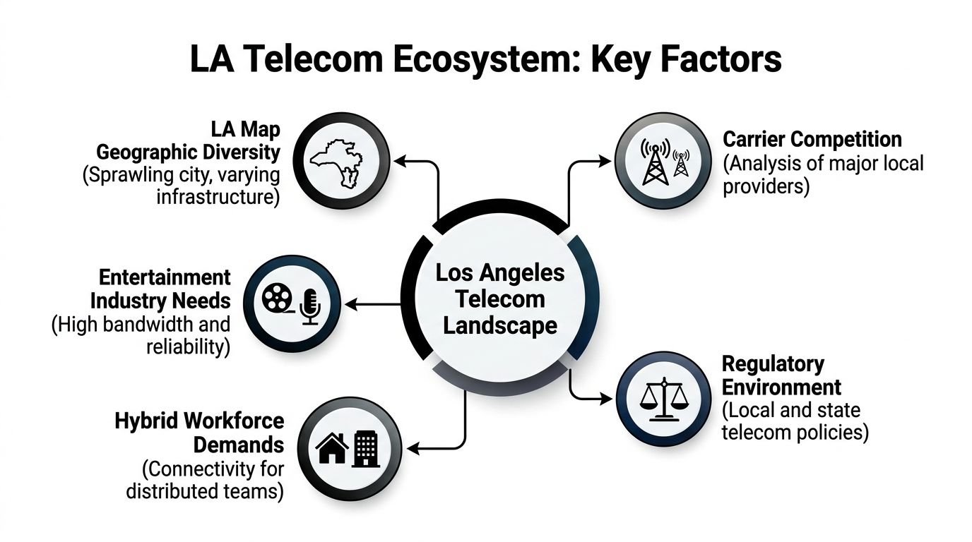 A diagram outlining key factors affecting the telecom ecosystem in the Los Angeles landscape.