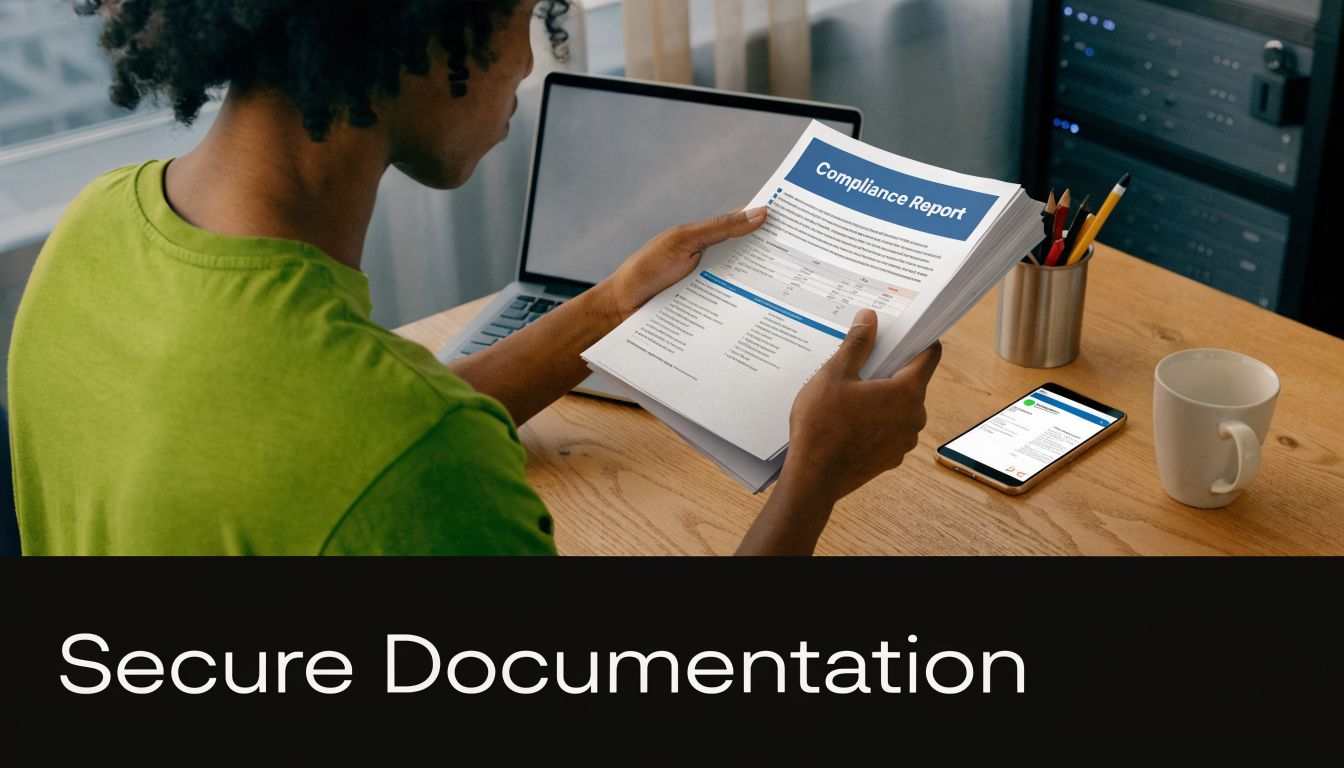 A professional analyzing a printed compliance report while sitting at a desk with a laptop and smartphone.