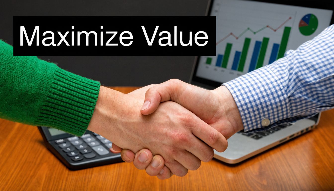 Two people shaking hands over a desk with a laptop and calculator, symbolizing business collaboration and growth.