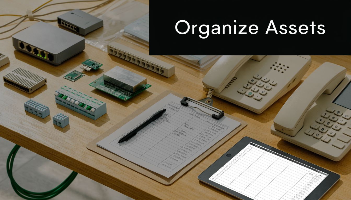 A wooden table featuring various telecommunications hardware, a clipboard with a spreadsheet, and a digital tablet device.