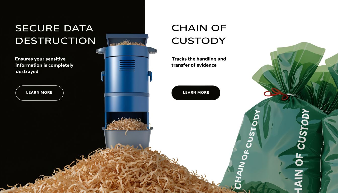 A dual-panel image showing a blue industrial shredder for data destruction and a green security bag.