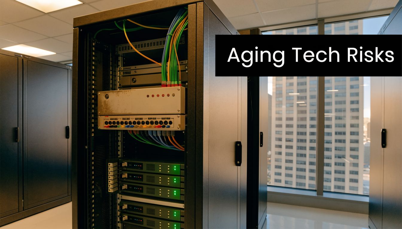 A server rack in a modern office with city views, highlighting outdated network and telecom equipment infrastructure.