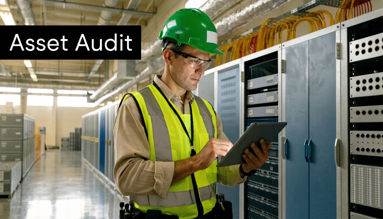 A technician wearing a green hard hat and safety vest performs a telecom equipment asset audit.