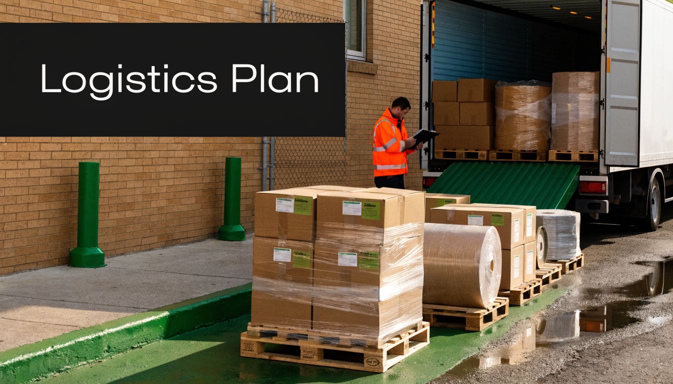 A logistics worker in an orange vest checks cargo near a truck loaded with palletized boxes.
