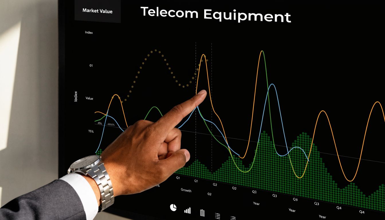 A professional in a suit pointing at a digital dashboard displaying telecom equipment market value financial trends.