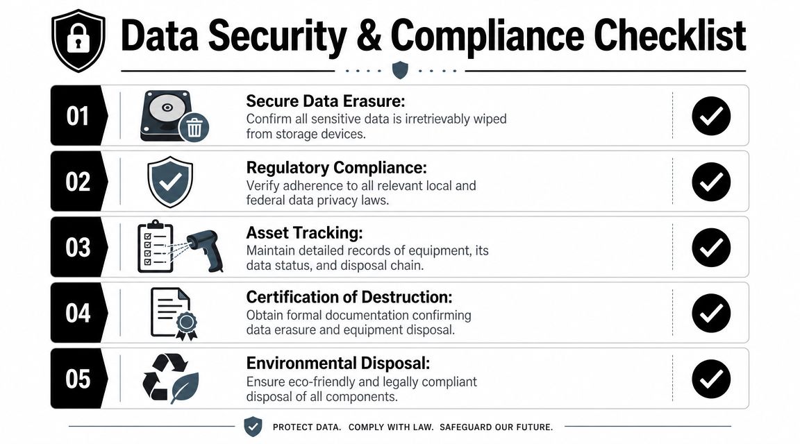 A data security and compliance checklist infographic outlining five critical steps for secure equipment liquidation processes.