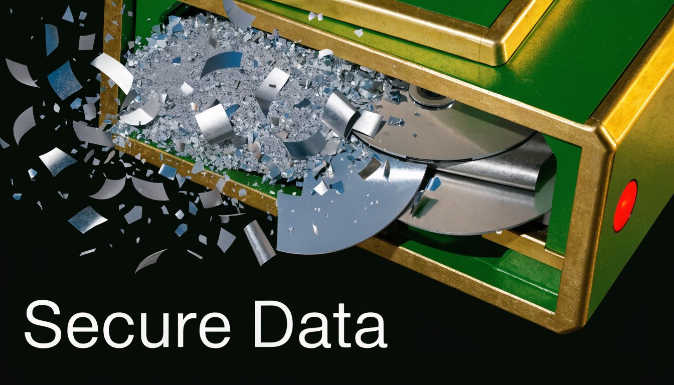 A green and gold machine destroying metal storage disks into tiny fragments for secure data destruction.