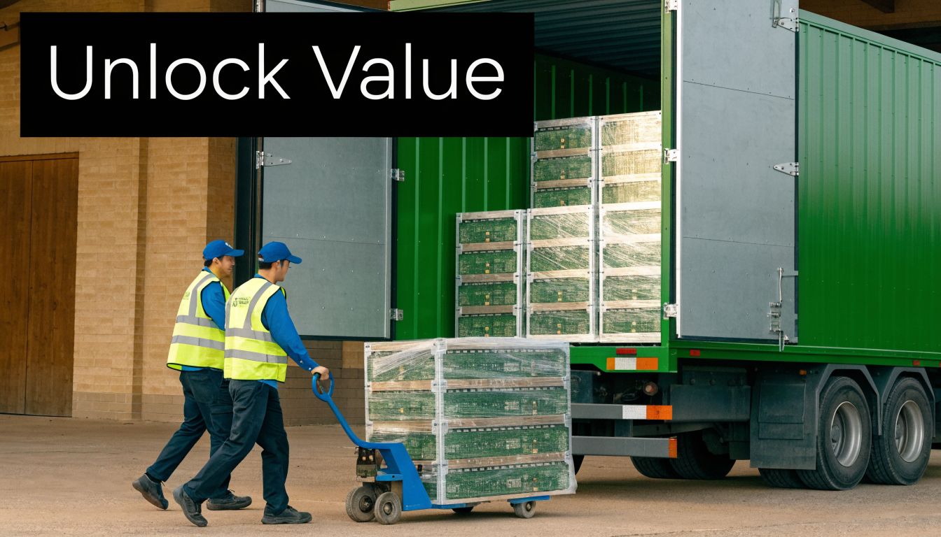 Two workers in high-visibility vests loading wrapped telecom equipment into a large green transport truck.