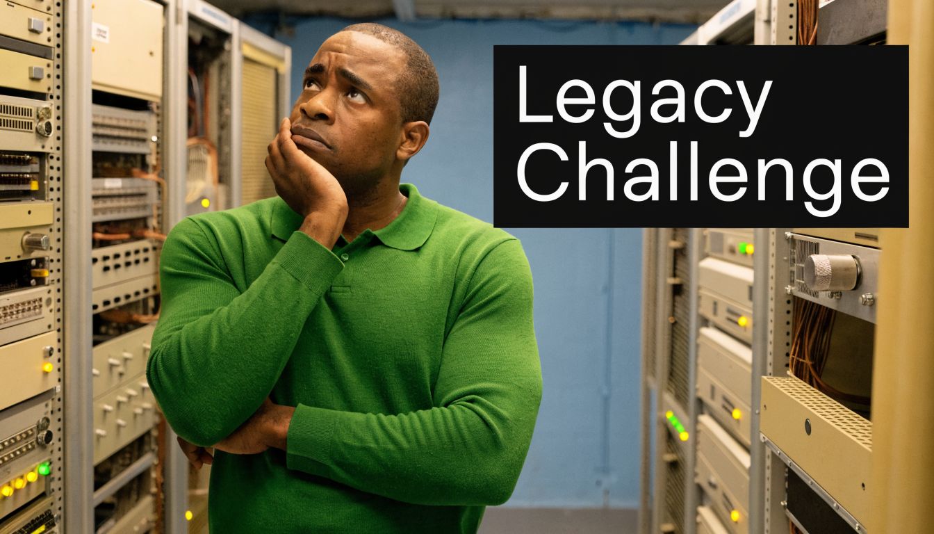 A thoughtful technician in a green shirt looking at old telecommunications hardware in a server room.