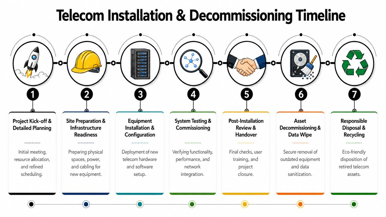 A seven-step flowchart illustrating the sequential process for telecom installation and decommissioning projects from planning to recycling.