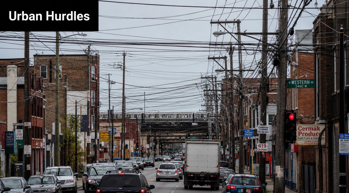 A busy urban Chicago street scene with a train on an elevated track and many tangled power lines.