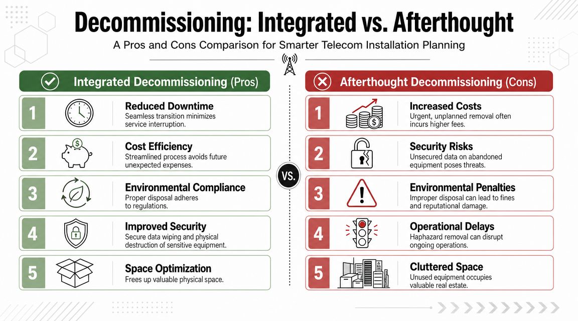 A comparison chart showing the benefits of integrated decommissioning versus the risks of afterthought decommissioning in telecom installations.