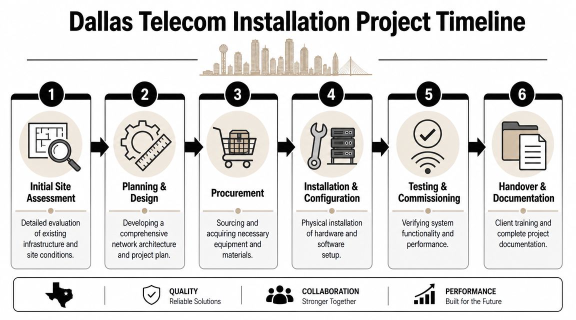 A step-by-step project timeline infographic for a professional telecom installation company in Dallas.