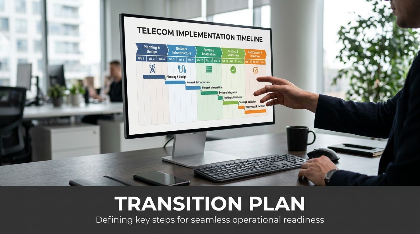 A professional analyzing a telecom implementation timeline chart on a computer monitor in an office setting.