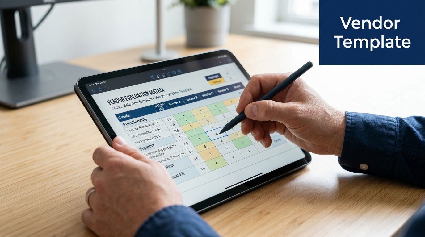 A person using a stylus on a tablet screen to fill out a vendor evaluation matrix template.
