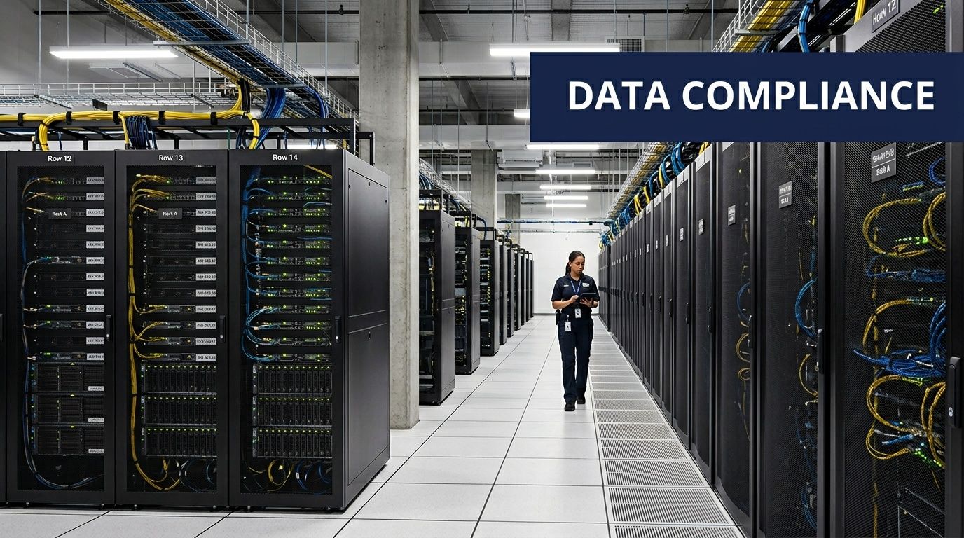 A technician walks through a clean, modern data center aisle between rows of server racks.