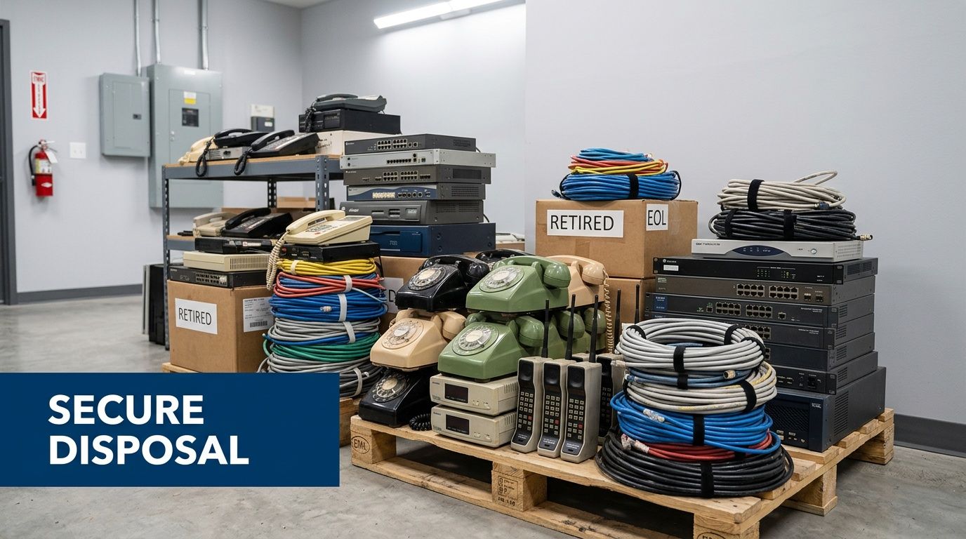 A collection of old retired telecom and networking equipment stacked on pallets for secure disposal in a warehouse.