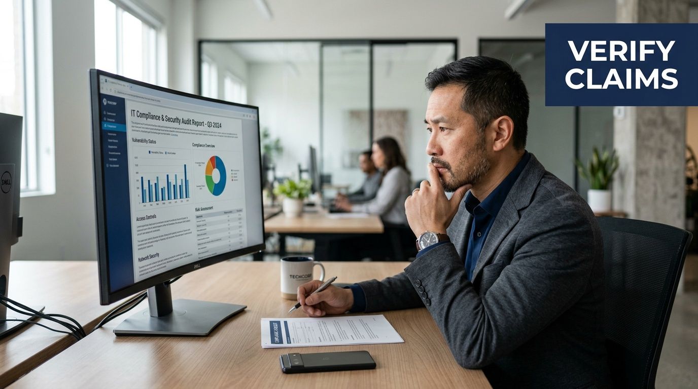 A professional man analyzing IT compliance data on a computer screen while seated in a modern office.