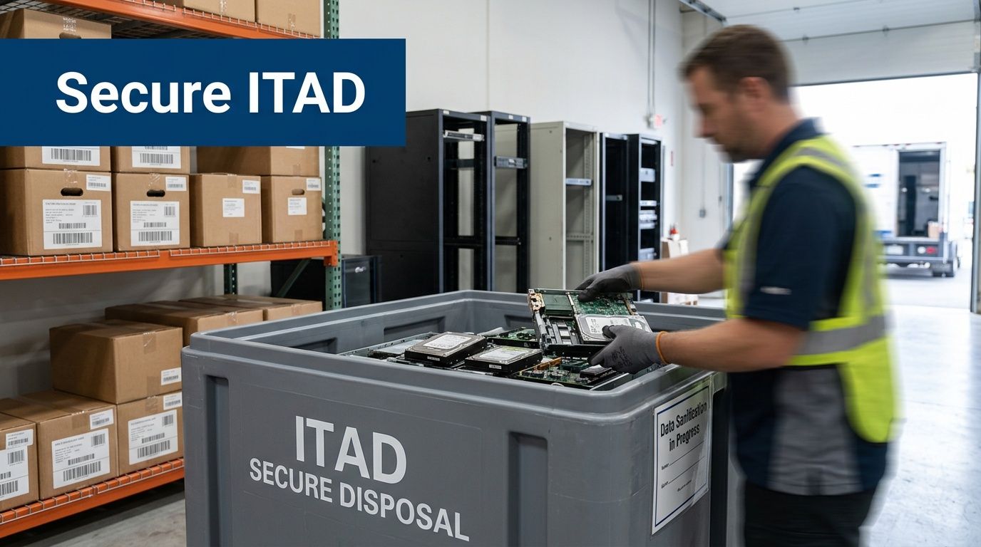 A worker in a high-visibility vest sorts electronic components into a secure ITAD disposal bin in a warehouse.