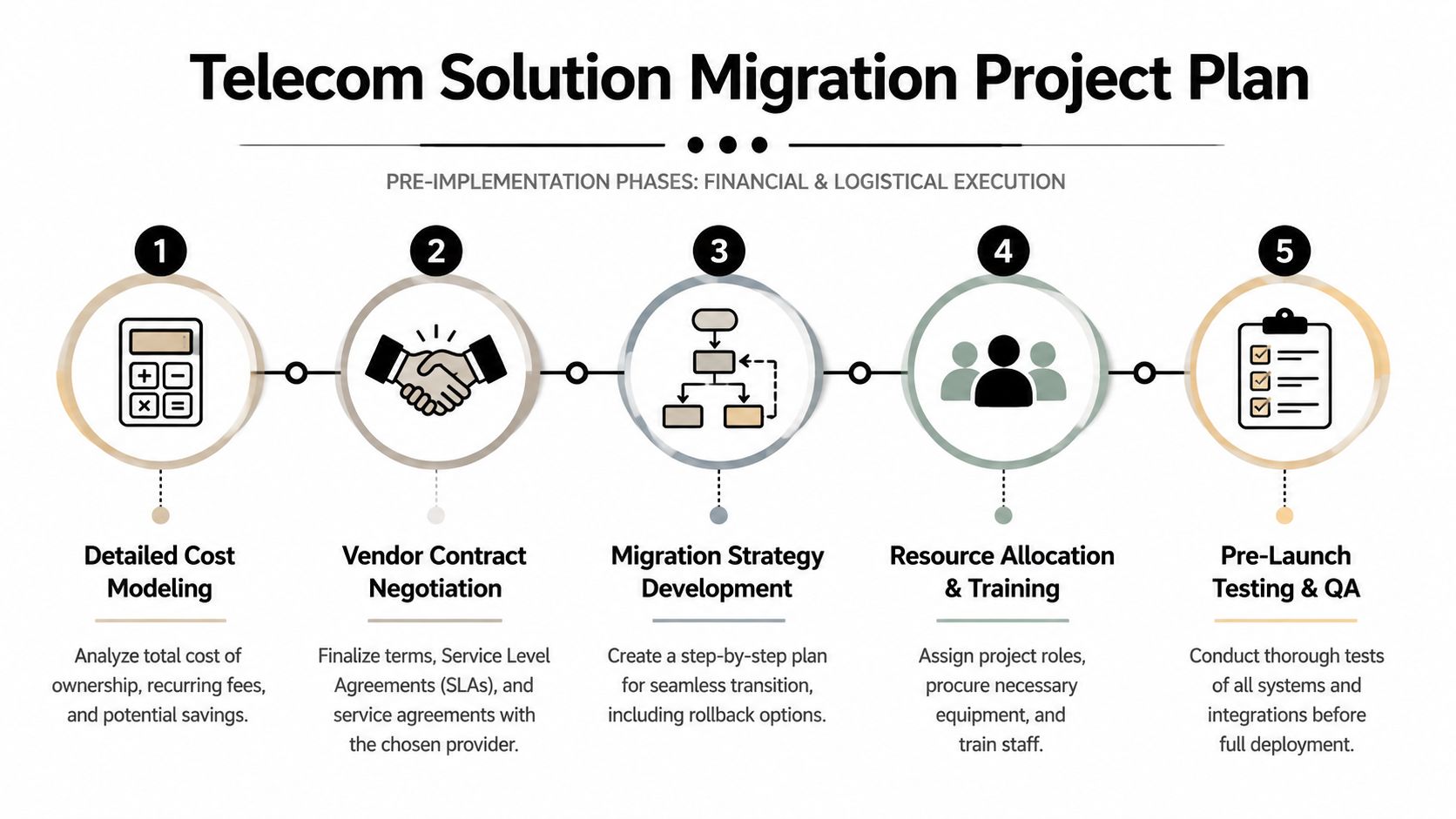 A flowchart showing the five sequential steps of a telecom solution migration project plan for business infrastructures.