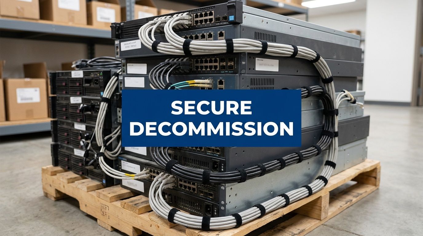 A stack of network switches and servers secured on a wooden pallet in a warehouse setting.