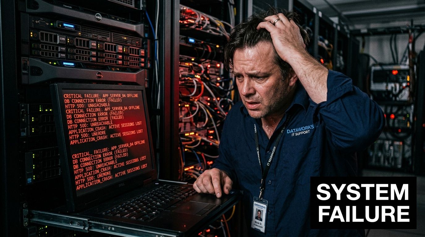Stressed IT support worker looking at a laptop showing critical system failure errors in a server room.
