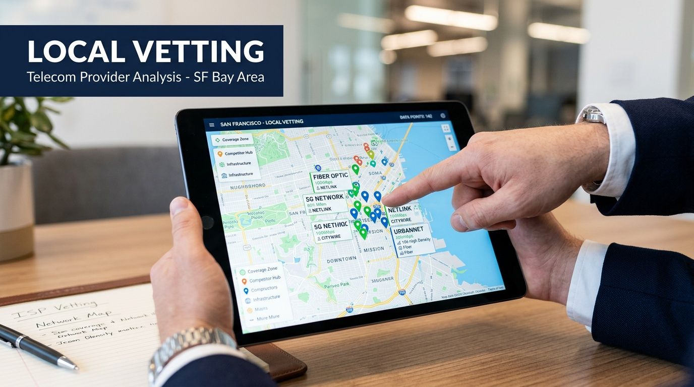 A professional analyzing a digital map of telecommunications infrastructure on a tablet in an office setting.