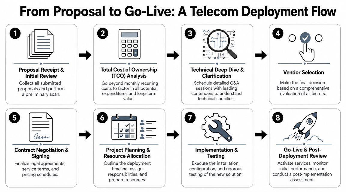 An eight-step infographic illustrating the telecom deployment flow from initial proposal receipt to final go-live.