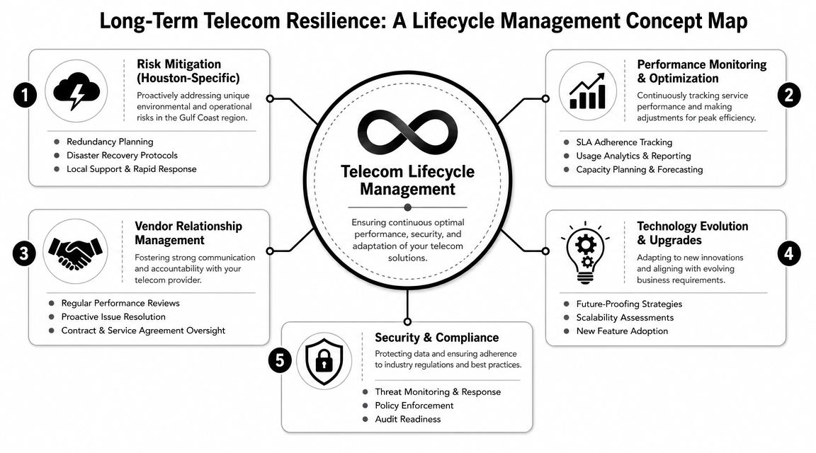 A concept map diagram outlining the five key components of a telecom lifecycle management strategy for businesses.