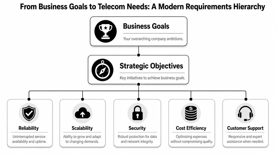 A hierarchical flowchart illustrating how business goals translate into strategic telecom objectives and operational requirements.